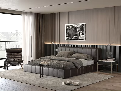Modern Bedroom With Double Bed Leather Headboard Gray Bedding Wooden Striped Wall Black White Painting 3d model