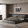 Modern Bedroom With Double Bed Leather Headboard Gray Bedding Wooden Striped Wall Black White Painting