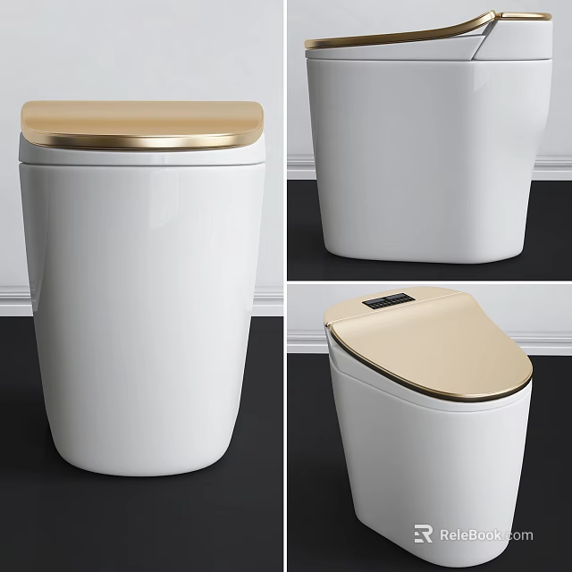 Modern White Toilet With Golden Lid And Smart Control Panel Design 3d model 