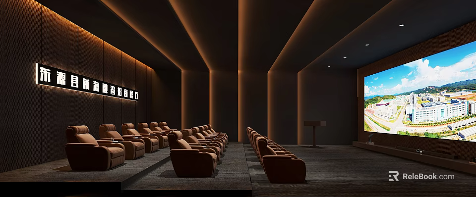Luxurious Home Theater Interior With Brown Leather Seats Projection Screen And Ceiling Lighting 3d model 
