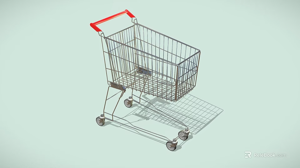 Metal Shopping Cart With Red Handle Four Rolling Wheels And Metal Frame 3d model 