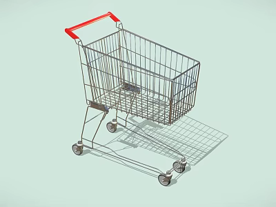 Metal Shopping Cart With Red Handle Four Rolling Wheels And Metal Frame 3d model