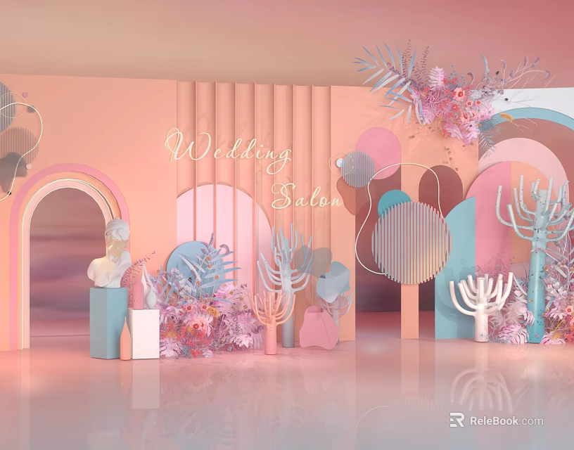 Pastel Pink Wedding Salon Decorations With Floral Arrangements Balloons And Arches 3d model 