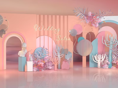 Pastel Pink Wedding Salon Decorations With Floral Arrangements Balloons And Arches 3d model