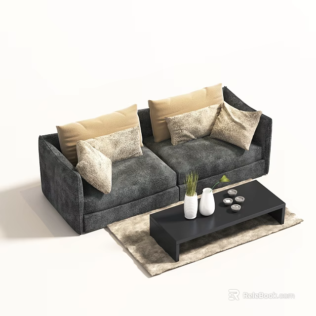 Gray Sofa with Beige Patterned Cushions and Black Coffee Table Set on Beige Rug 3d model