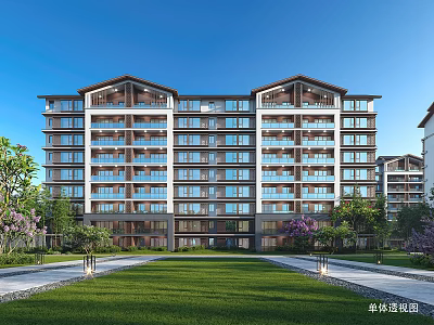 Modern Multi Storey Residential Building Exterior With Green Lawn Trees And Large Windows 3d model