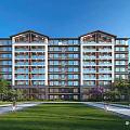 Modern Multi Storey Residential Building Exterior With Green Lawn Trees And Large Windows