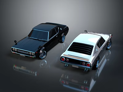 Classic Black And White Vintage Sedans With Shiny Reflections On Dark Surface 3d model