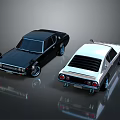 Classic Black And White Vintage Sedans With Shiny Reflections On Dark Surface