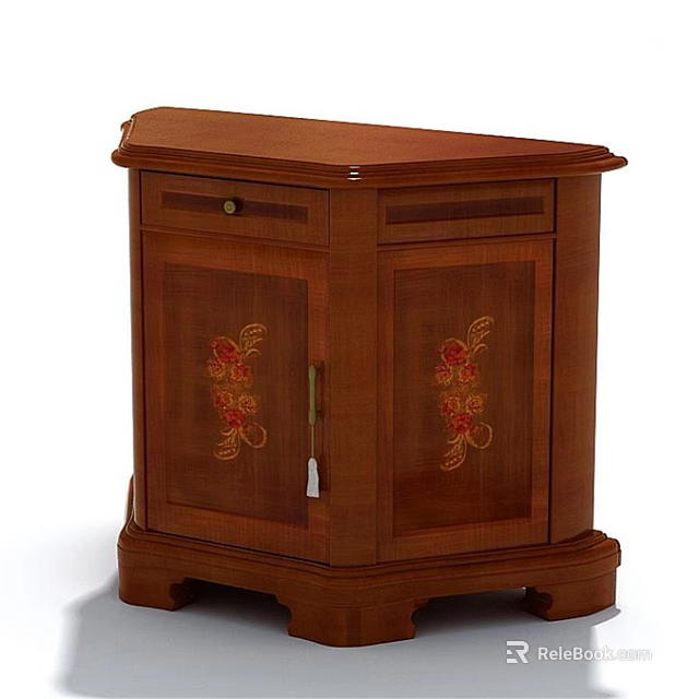 Brown Wooden Storage Cabinet With Floral Pattern Doors And Drawer Design 3d model 