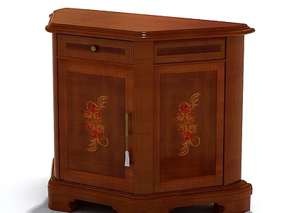 Brown Wooden Storage Cabinet With Floral Pattern Doors And Drawer Design 3d model