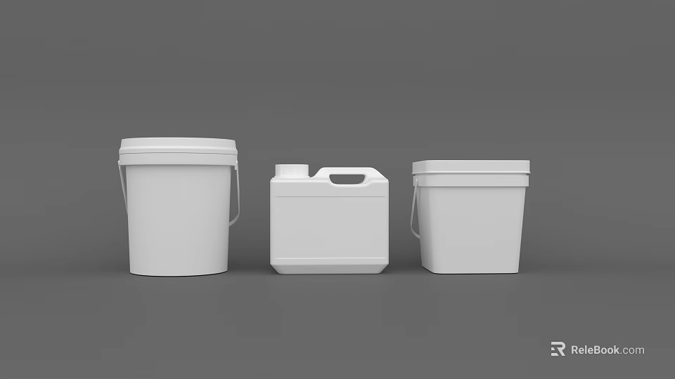Three White Plastic Buckets With Handles And Different Designs 3d model 