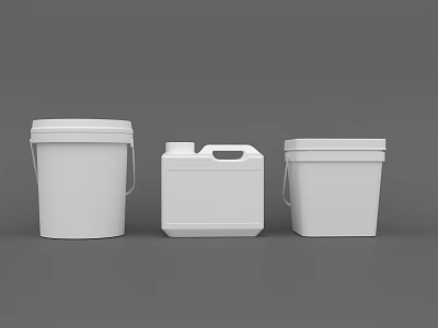 Three White Plastic Buckets With Handles And Different Designs 3d model
