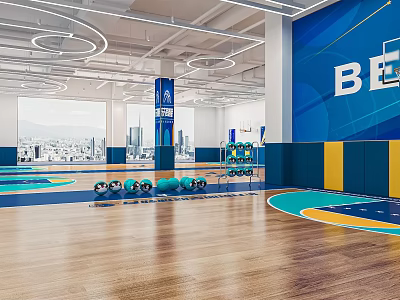 Modern Basketball Gym Interior Design With Wooden Floor Blue Yellow Walls Dumbbells And City View 3d model