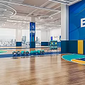 Modern Basketball Gym Interior Design With Wooden Floor Blue Yellow Walls Dumbbells And City View
