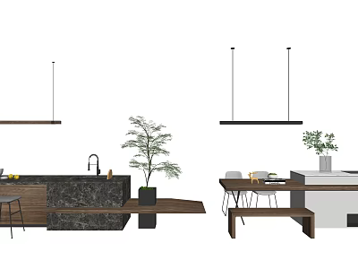 Minimalist Dining Table Combination With Wooden Chairs Pendant Lights And Green Plants 3d model