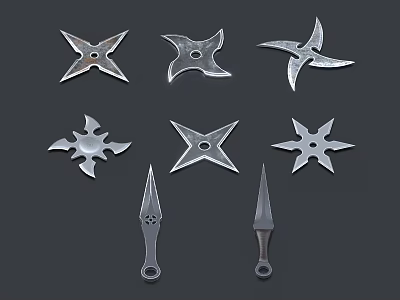 Traditional Ninja Throwing Weapons Collection Including Star Shaped Shuriken and Metal Daggers 3d model