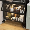 Black Multi Layer Kitchen Side Cabinet Shelf With Microwave Fruits Jars And Tableware 3d model
