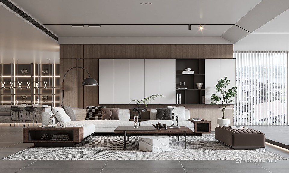 Modern Living Room Interior Design With Wooden Wall Panel Sofa Coffee Table And Area Rug 3d model 