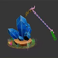 Decorative Ornament Set Featuring Blue Crystals Colorful Striped Staff Green Grass Brown Base Golden Ring