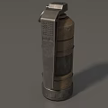 Military Weapon Grenade With Brown Body Yellow Caution Label And Metal Ring Handle