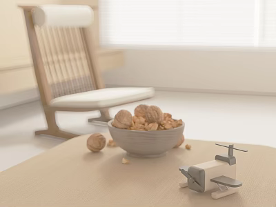 Decorative Ornament Set With Wooden Chair Walnut Bowl And Small Airplane Ornament 3d model