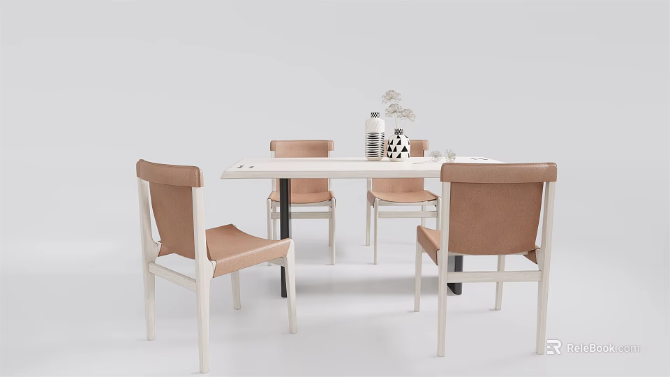 Modern Minimalist Dining Table Set With Four Brown Upholstered Chairs And White Frames 3d model