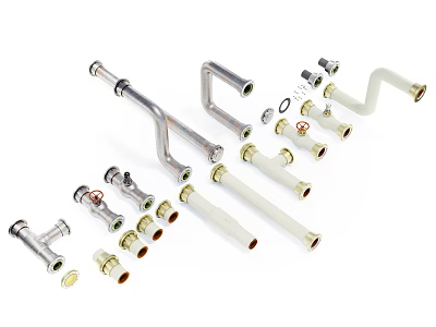 Various Metal And White Plumbing Pipes With Fittings Connectors Nuts And Washers 3d model