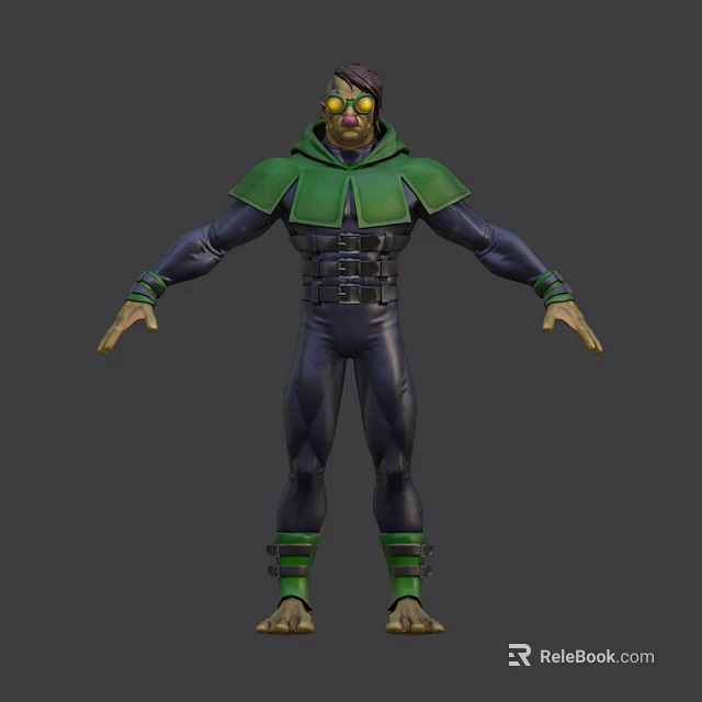 Game and Movie Character 3D Model With Green Cloak Blue Bodysuit Yellow Gloves and Boots 3d model 