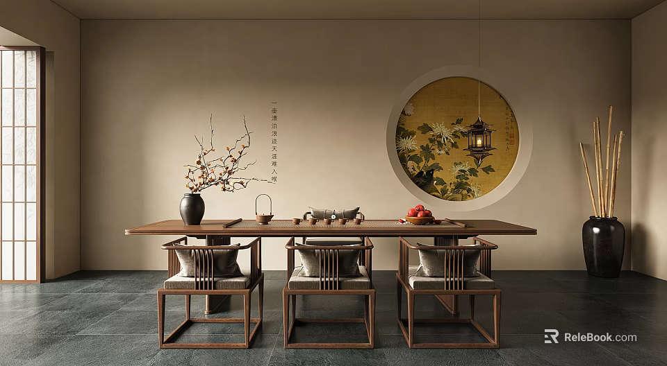 Traditional Tea Room Interior Design Featuring Wooden Table Chairs Floral Vase And Decorative Lantern 3d model 