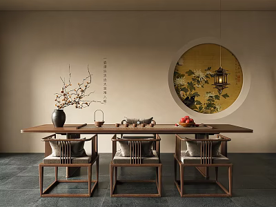 Traditional Tea Room Interior Design Featuring Wooden Table Chairs Floral Vase And Decorative Lantern 3d model