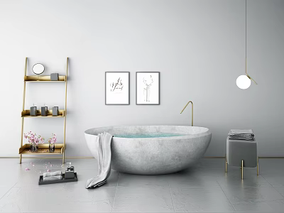 Stylish Freestanding Gray Bathtub With Gray Towel Golden Shelf Wall Art And Pendant Light 3d model