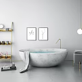 Stylish Freestanding Gray Bathtub With Gray Towel Golden Shelf Wall Art And Pendant Light