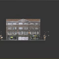 Cartoon Style Urban Scene With Red Tiled Roof Building Multiple Floors Shop Fronts Street Lamps And Traffic Lights