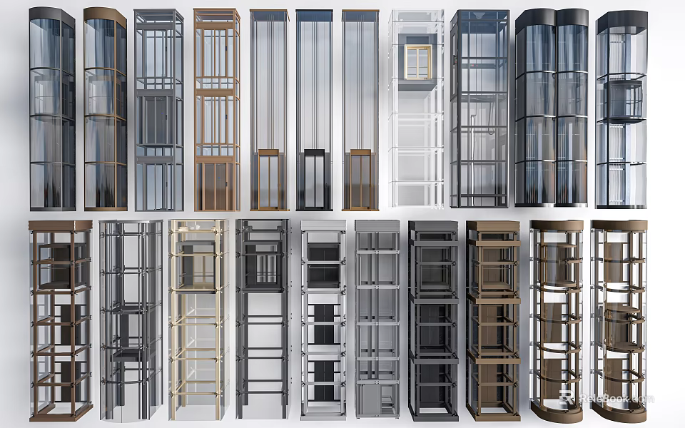 Various Modern Elevator Designs Featuring Glass And Metal Exterior Styles 3d model 