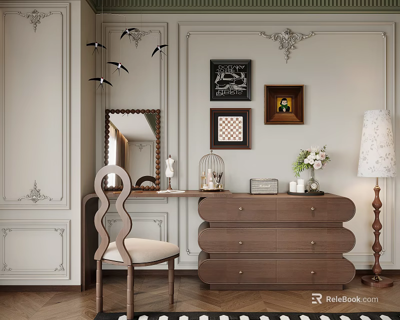 Elegant Dressing Table with Wooden Drawers Mirror and Chair in Classic Room Interior 3d model 