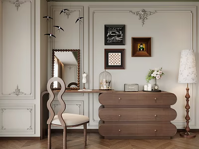Elegant Dressing Table with Wooden Drawers Mirror and Chair in Classic Room Interior 3d model