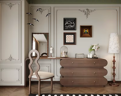 Elegant Dressing Table with Wooden Drawers Mirror and Chair in Classic Room Interior 3d model