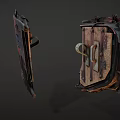 Worn Metal Shields As Medieval Defensive Weapon With Red Black Text Metal Buckle Wooden Texture