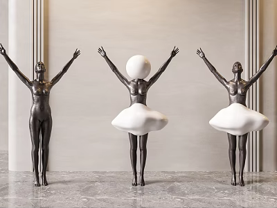 Three Black Body Sculpture Carvings With Raised Arms And Central White Cloud Shaped Skirt 3d model