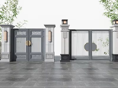 Traditional Chinese Gate Entrance With Gray Gates Lattice Designs White Pillars And Green Plants 3d model