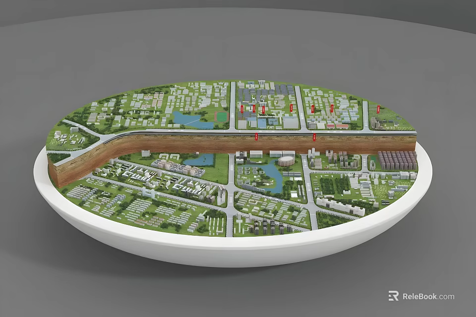 Aerial Planning Urban City Model with Road Network Green Spaces and Water Bodies 3d model 