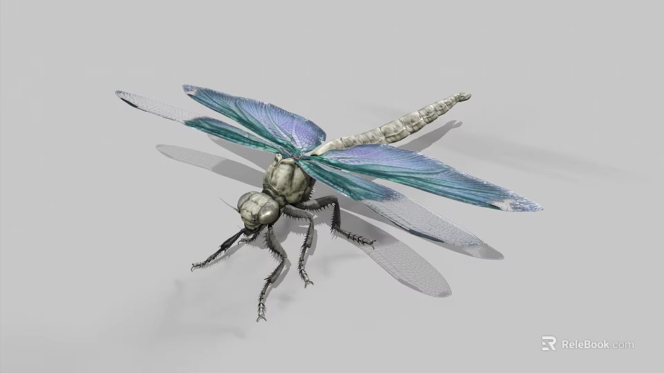 Realistic Dragonfly with Vibrant Blue and Purple Transparent Wings and Green Body as Flying Insect 3d model 