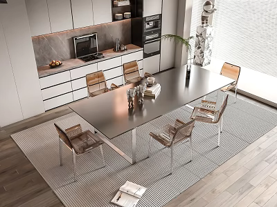 Modern Dining Table Set With Glass Top Metal Frame Chairs And Open Kitchen White Cabinets 3d model