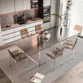 Modern Dining Table Set With Glass Top Metal Frame Chairs And Open Kitchen White Cabinets