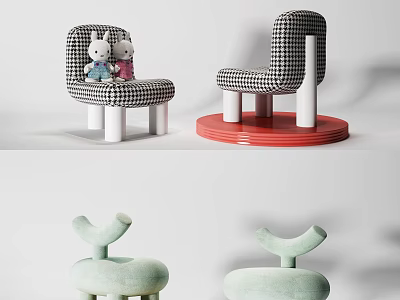 Children's Chairs With Black White Checkered Pattern Bunny Dolls Red Base Light Green Curved Backrest 3d model