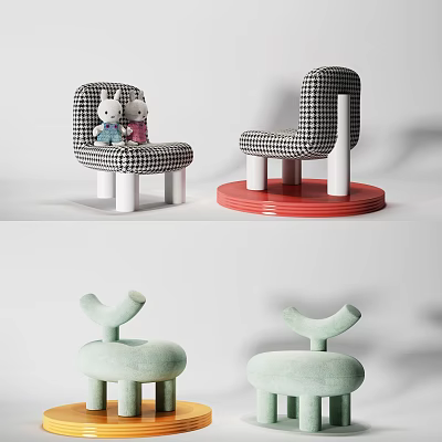 Children's Chairs With Black White Checkered Pattern Bunny Dolls Red Base Light Green Curved Backrest 3d model