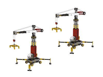 Mobile Industrial Equipment Crane With Red Black Body White Boom And Yellow Support Feet 3d model