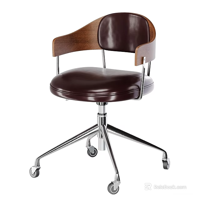 Modern Office Chair With Brown Leather Seat Wooden Armrests And Metal Base Wheels 3d model 