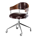Modern Office Chair With Brown Leather Seat Wooden Armrests And Metal Base Wheels